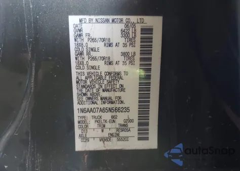 2005 Nissan Titan Se z USA, uszkodzony, nr VIN 1N6AA07A65N566235